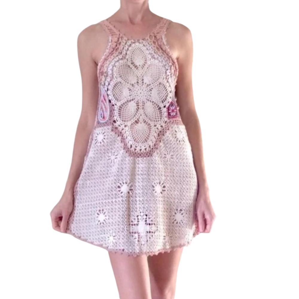Archival Free People Open Crochet Mini Dress Or Coverup Size Small